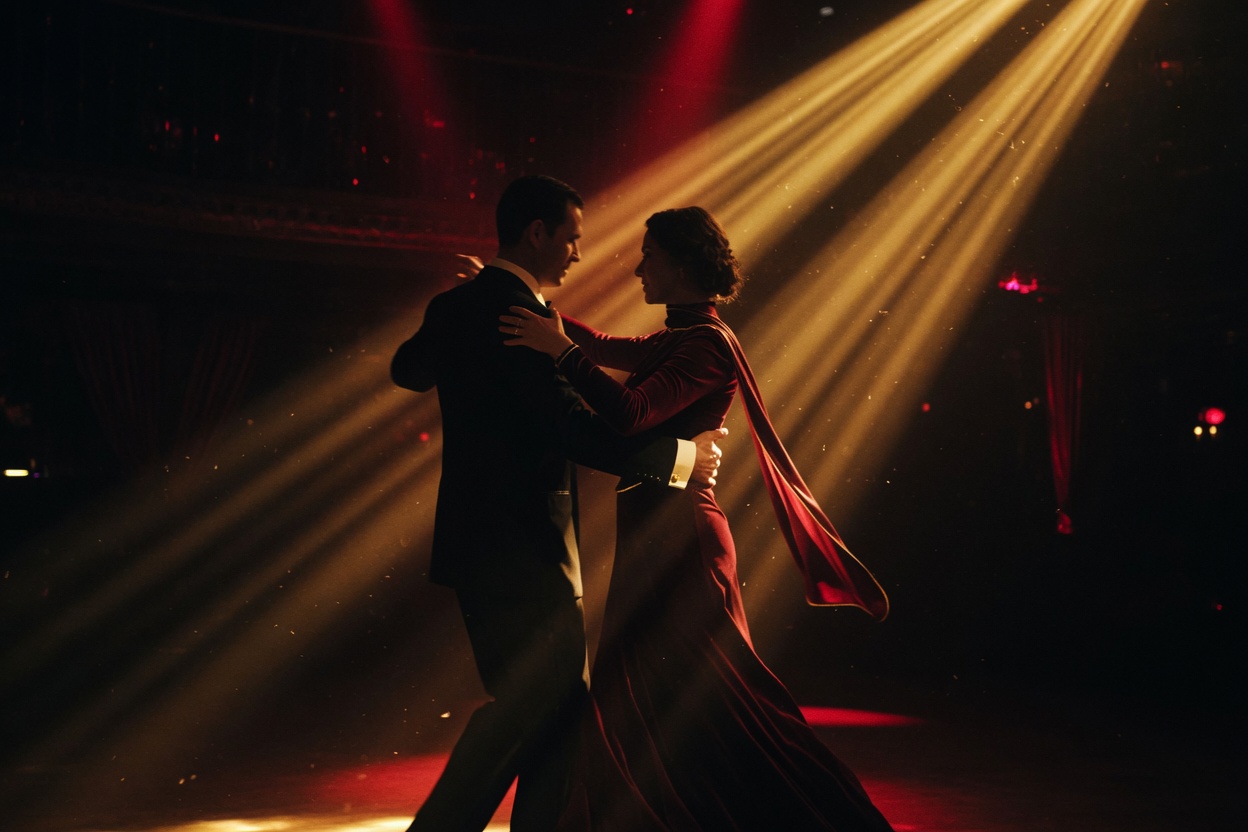 Two people in evening dress dancing under beams of gold light