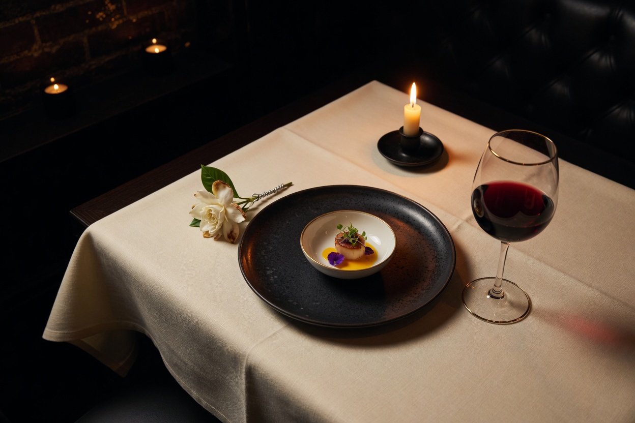 A candlelit place setting with red wine, a small dish, and a white flower