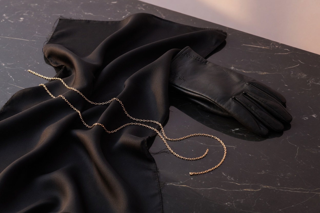 Black silk, a leather glove, and a gold chain on dark marble