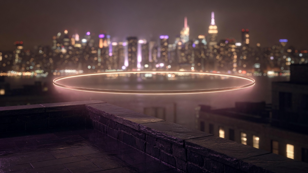 Manhattan at night from a stone terrace, with a ring of warm light over the water
