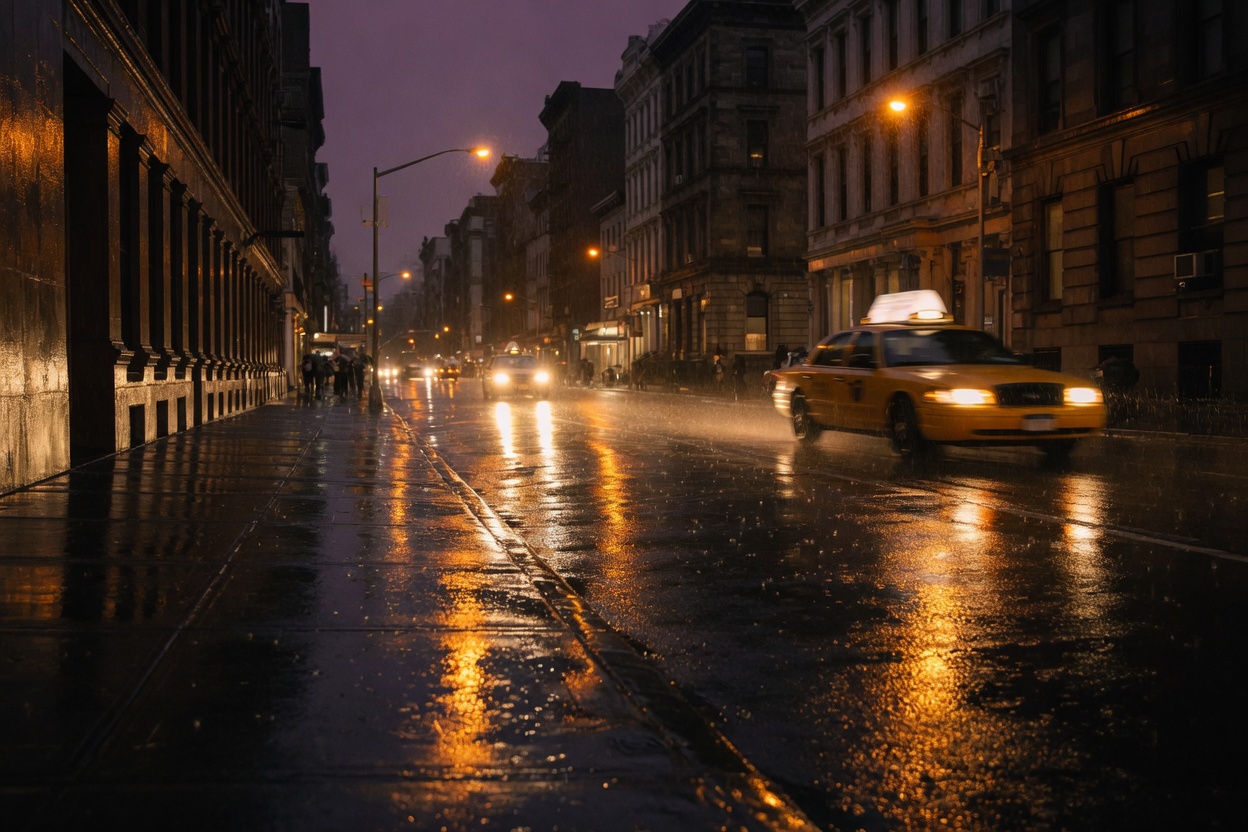 A rainy New York avenue at night, with a yellow taxi and wet light on the street