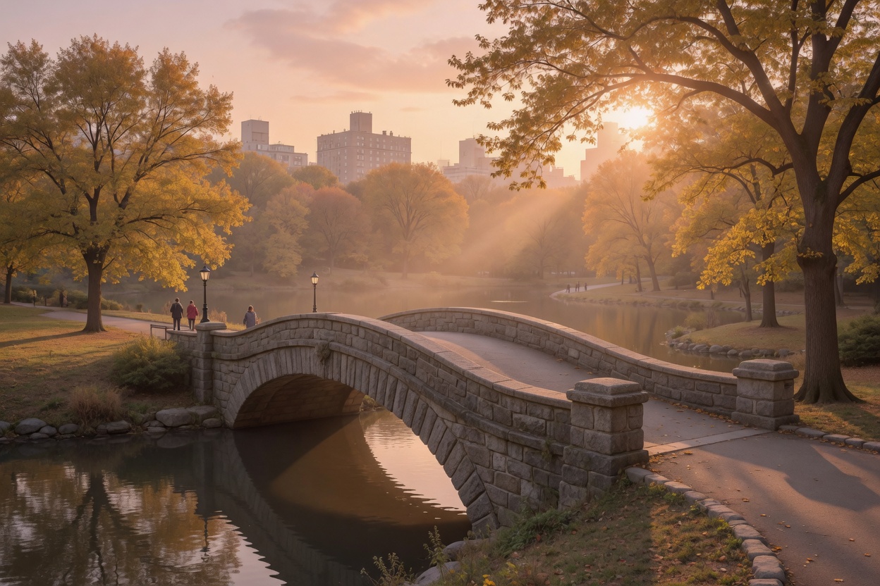 A stone bridge in a city park at sunrise