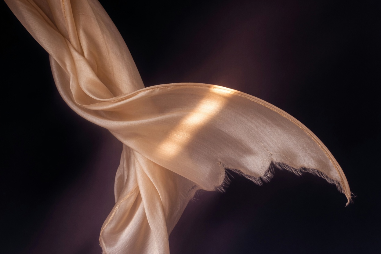 Champagne silk unfolding in a beam of light
